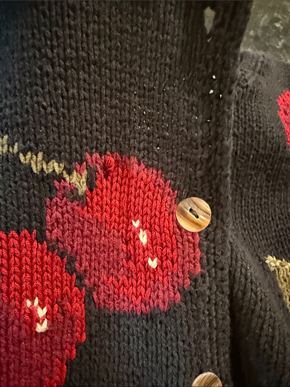 Vintage Talbots Chunk Knit Cardigan Sweater Black with Cherries Medium Petite - Picture 13 of 13